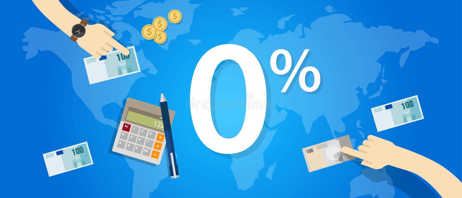mapa mundial con calculadora, billetes y 0%