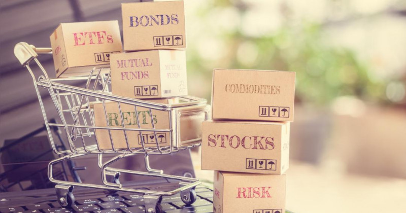 Ordenador, cesta de la compra, cajas, clase de activos